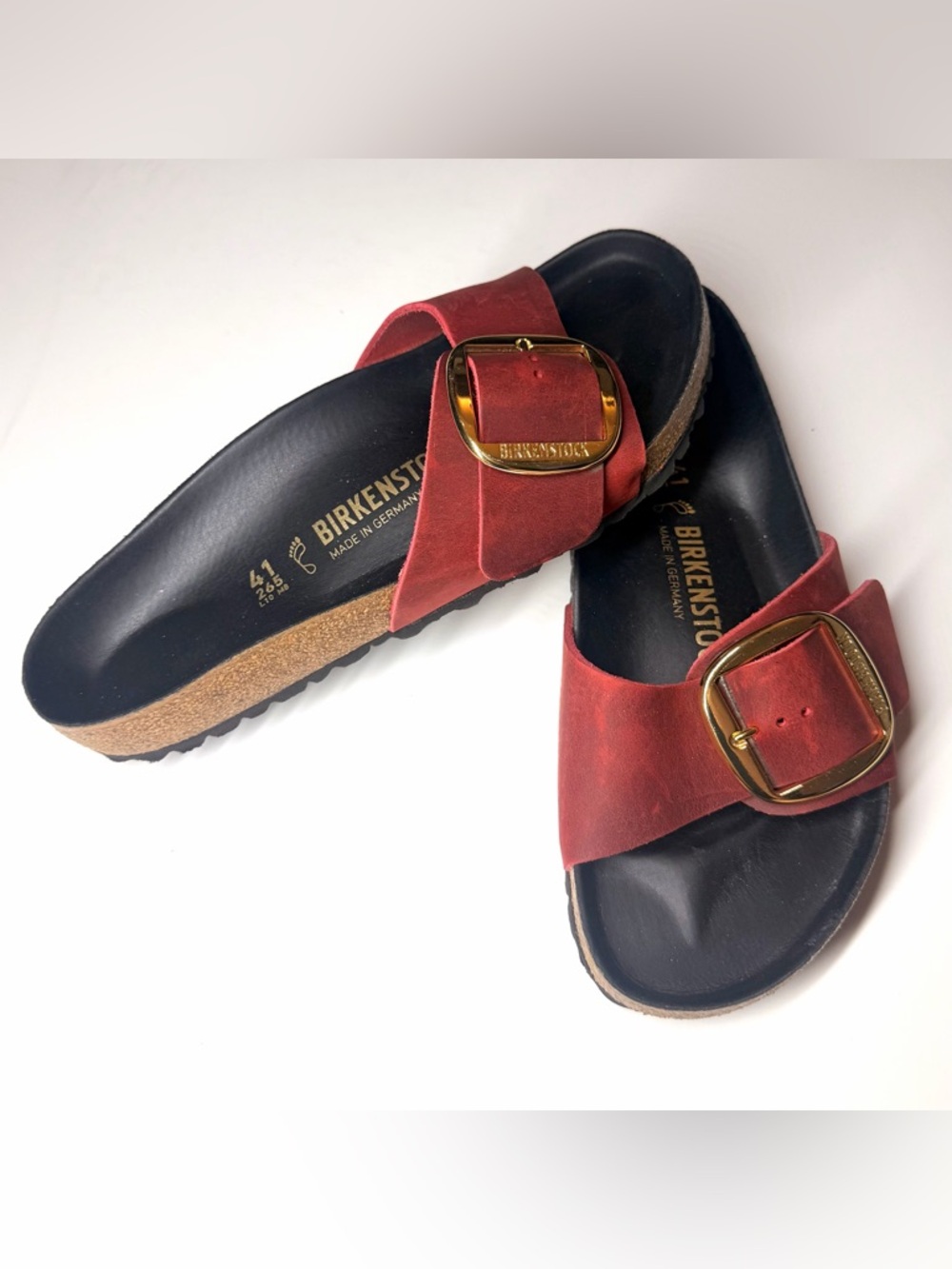 Birkenstock Madrid Red Leather Slide Sandals with Gold Buckles - Picture 2 of 9